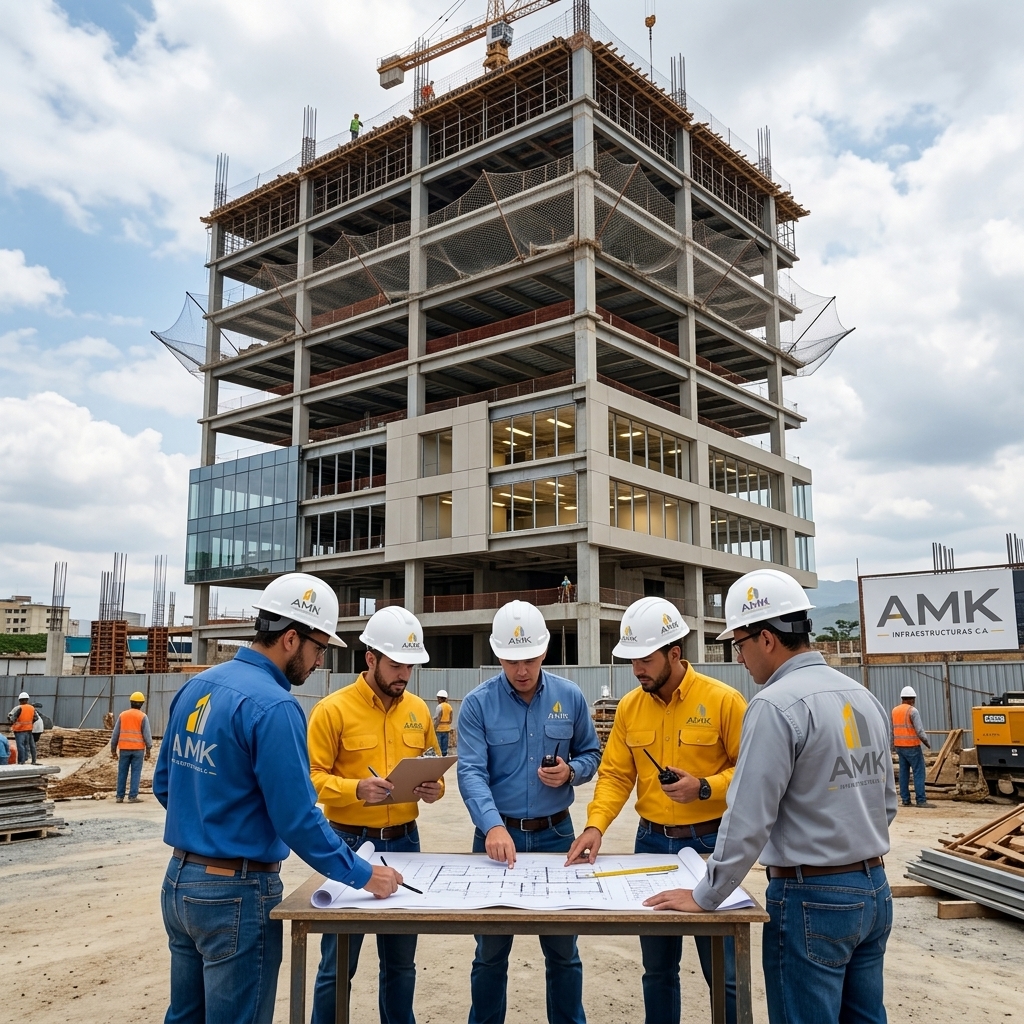 Equipo de ingenieros de AMK revisando planos en obra